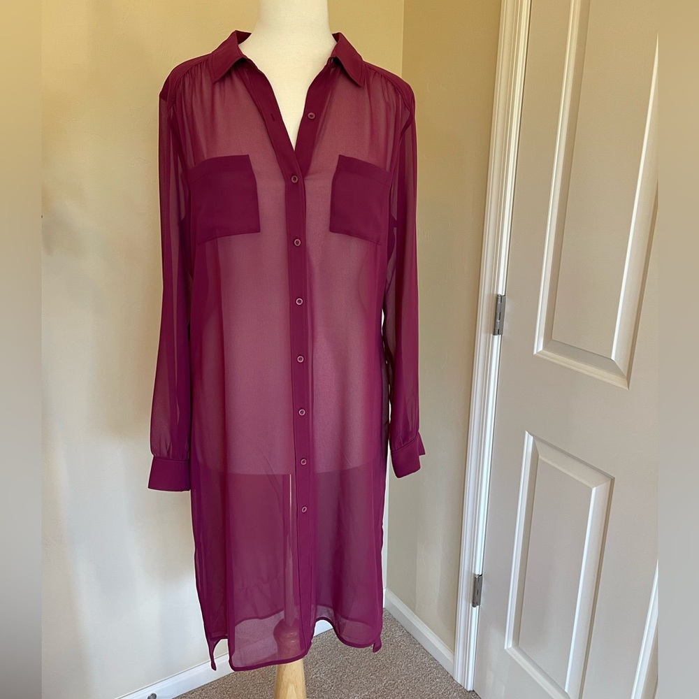 Trouve Sheer Longline Button-Up Dress in Plum